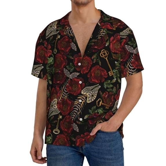 Goofa Fishbone Rose Printed Men's Casual Short-sleeved Shirt,Lightweight Breathable Button-down,Summer Casual men's top,Versatile Fashion shirt-Medium