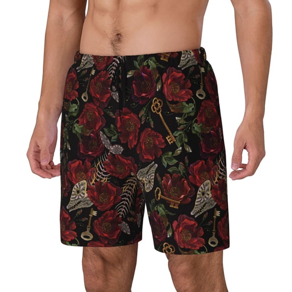 Goofa Fishbone Rose Printed Men's Swim Trunks Board Shorts Quick Dry Mens Swimming Trunks with Compression Liner,Breathable Fit Hawaii Beach Shorts-Medium