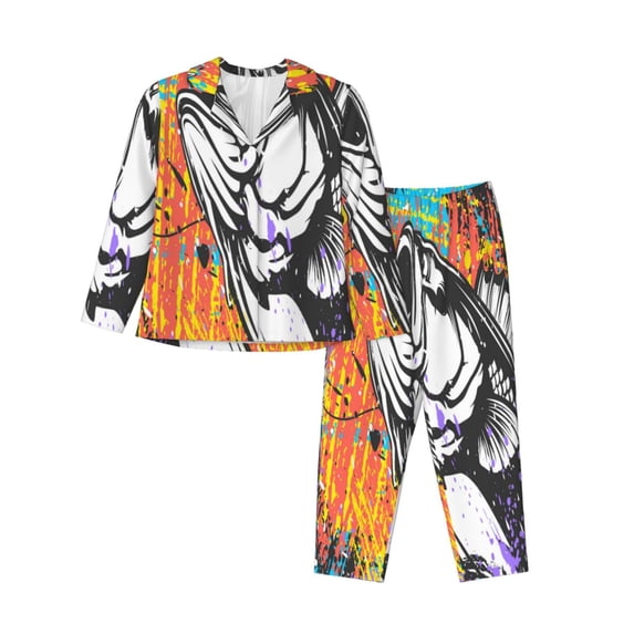 Goofa Fishing Bass Printed Women’s 2 Piece Pajama Set Super,Pajamas Women's Long Sleeve Sleepwear Soft Button Down Loungewear Pjs Lounge Set Nightwear-Large