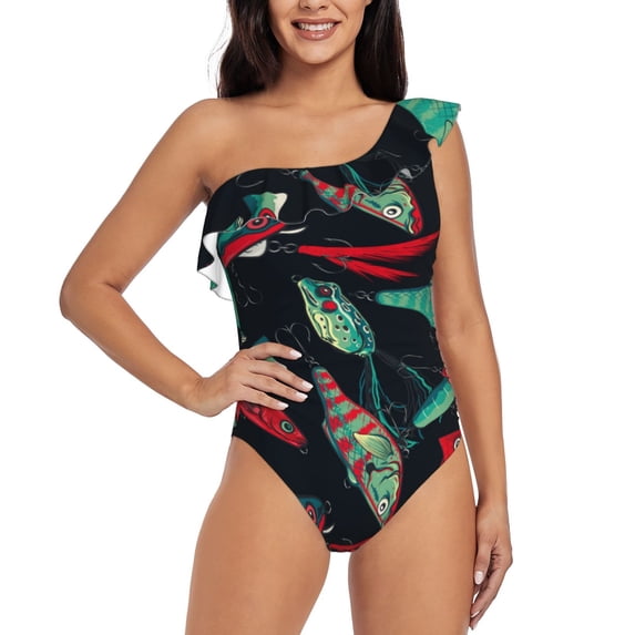 Goofa Fishing Lure Pattern Women's One Piece Swimsuits Tummy Control Bathing Suits Asymmetric One Shoulder Swimwear-Large