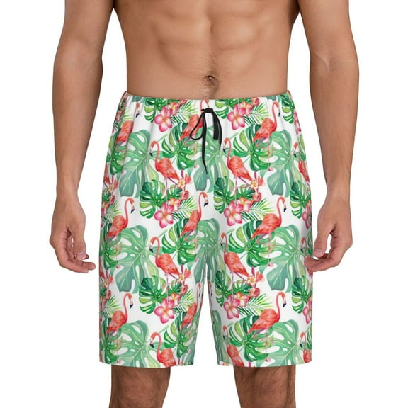Goofa Flamingo And Monstera Pattern Men's Pajama Short Sleep Shorts Soft Comfortable Breathable Pajamas Shorts with Pockets-Large