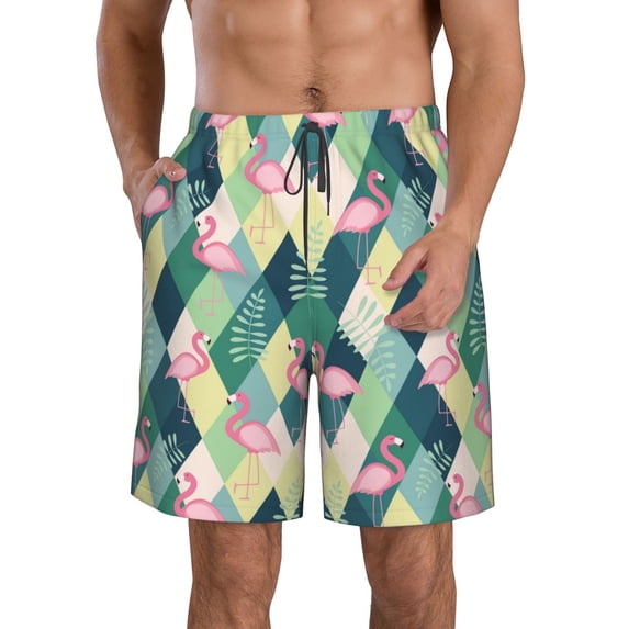 Goofa Flamingo Printed Mens Swim Trunks Summer Quick Dry Short Beach Swimwear Bathing Suits-Medium