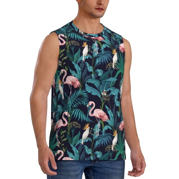 Goofa Flamingos And Birds Printed Men's Sleeveless T-Shirt - Athletic Gym Workout Tank Top for Men - Moisture-Wicking, UPF 30+ Quick-Dry Muscle Tee-