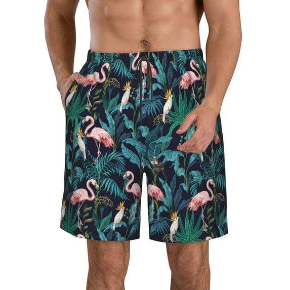 Goofa Flamingos And Birds Printed Mens Swim Trunks Summer Quick Dry Short Beach Swimwear Bathing Suits-Large