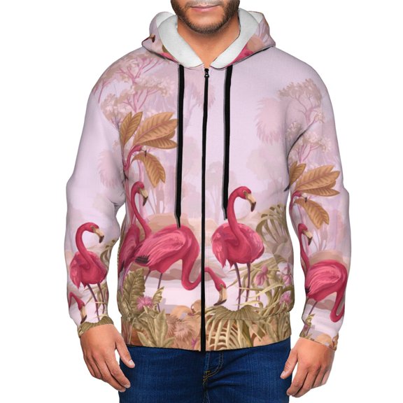 Goofa Flamingos In The Tropical Forest Pattern Mens Full-zip Hoodie, Zip-up Pullover Hooded Sweatshirt, Kangaroo Pocket Hoodie Ideal for Daily Wear, Travel, and Home-XX-Large
