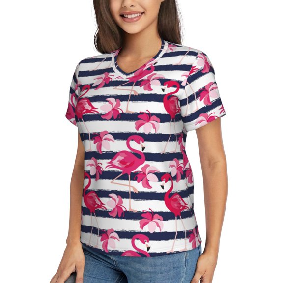 Goofa Flamingos Pattern Women's Slim-Fit Short-Sleeve V-Neck T-Shirt,Classic-Fit Short-Sleeve V-Neck T-Shirt-Large