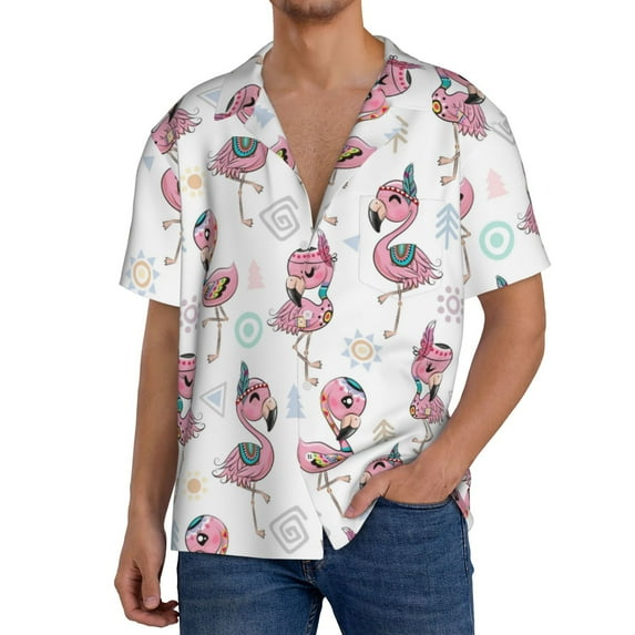 Goofa Flamingos Tribal Printed Men's Casual Short-sleeved Shirt,Lightweight Breathable Button-down,Summer Casual men's top,Versatile Fashion shirt-Large