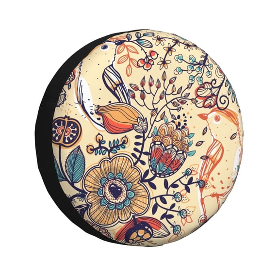 Goofa Floral With Birds And Fantasy Flowers Pattern Universal Tire Cover for Jeep, SUV, Truck, and Trailer – Waterproof, UV-Resistant,Easy to Install, Fits 14"-17" Tires-15 inch