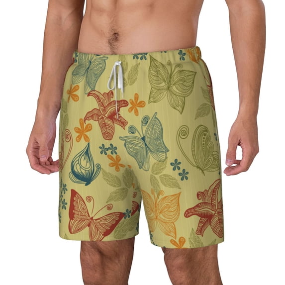Goofa Floral with Butterflies Printed Men's Swim Trunks Board Shorts Quick Dry Mens Swimming Trunks with Compression Liner,Breathable Fit Hawaii Beach Shorts-Small