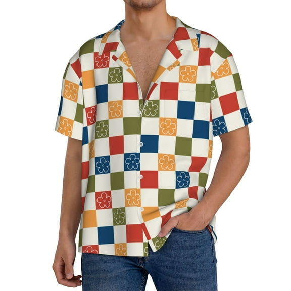 Goofa Floral Checkerboard Printed Men's Casual Short-sleeved Shirt,Lightweight Breathable Button-down,Summer Casual men's top,Versatile Fashion shirt-Medium