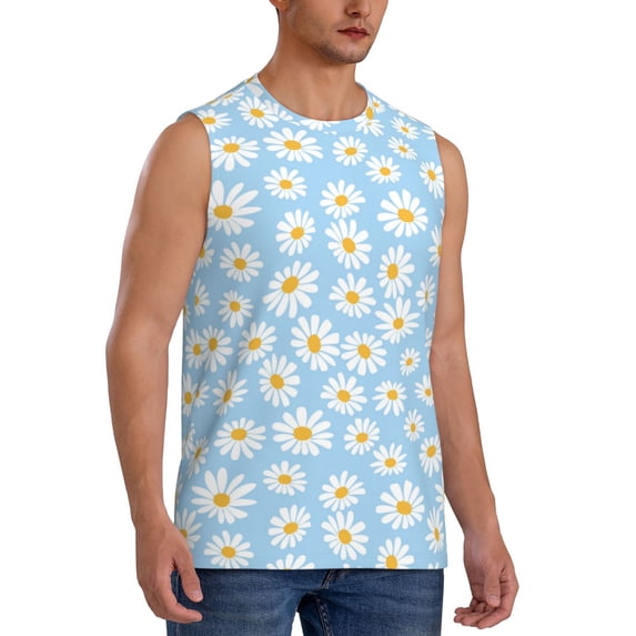 Goofa Floral Daisy Printed Men's Sleeveless T-Shirt - Athletic Gym Workout Tank Top for Men - Moisture-Wicking, UPF 30+ Quick-Dry Muscle Tee-Medium
