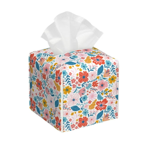Goofa Floral Ditsy Tissue Box Cover PVC Leather Tissue Holder Square Facial Tissue Case Facial Paper Organizer Dispenser for Bathroom, Vanity Countertop
