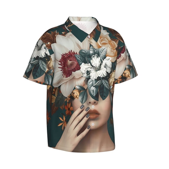 Goofa Floral Head Dreamscape Hawaiian Shirt for Men, Unisex Summer Beach Casual Short Sleeve Button Down Shirts,Aloha Tropical Floral print shirt-Large