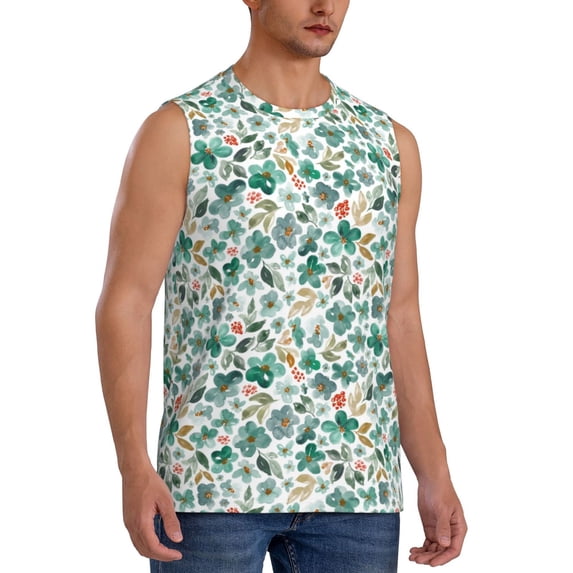 Goofa Floral In Teal Printed Men's Sleeveless T-Shirt - Athletic Gym Workout Tank Top for Men - Moisture-Wicking, UPF 30+ Quick-Dry Muscle Tee-X-Large