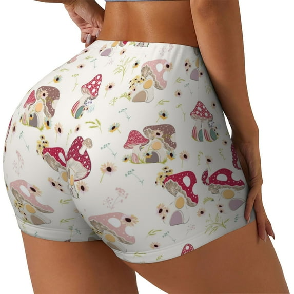 Goofa Floral Mushroom Printed Workout Shorts Women Seamless Scrunch Butt Lifting High Waisted Gym Booty Shorts Elastic Workout Shorts-Small