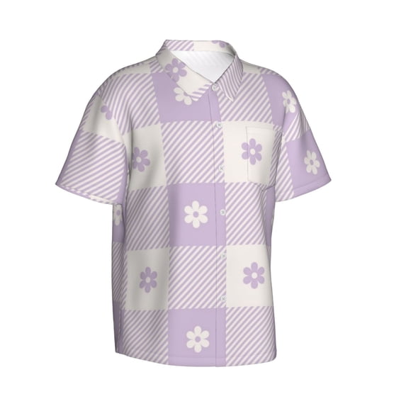 Goofa Floral Purple Buffalo Plaid Hawaiian Shirt for Men, Unisex Summer Beach Casual Short Sleeve Button Down Shirts,Aloha Tropical Floral print shirt-Small