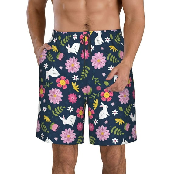 Goofa Floral Rabbit Printed Mens Swim Trunks Summer Quick Dry Short Beach Swimwear Bathing Suits-X-Large