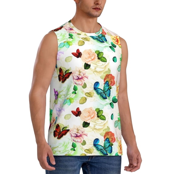 Goofa Floral Vintage Printed Men's Sleeveless T-Shirt - Athletic Gym Workout Tank Top for Men - Moisture-Wicking, UPF 30+ Quick-Dry Muscle Tee-Large