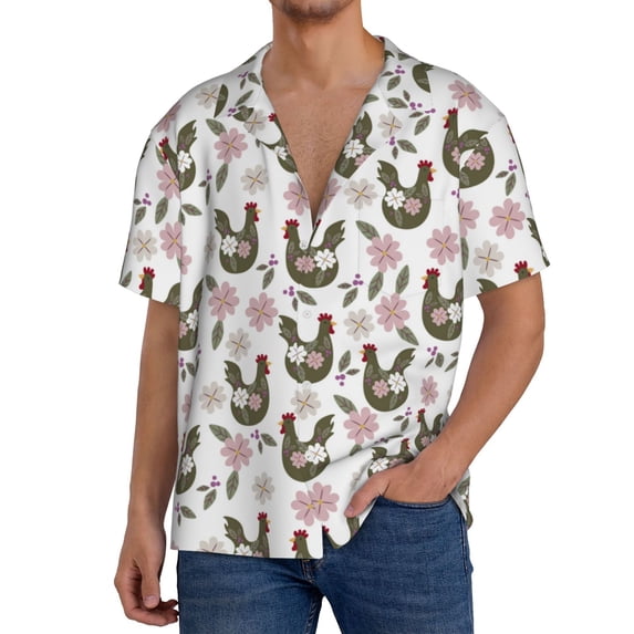 Goofa Flowe Rooster Printed Men's Casual Short-sleeved Shirt,Lightweight Breathable Button-down,Summer Casual men's top,Versatile Fashion shirt-Large