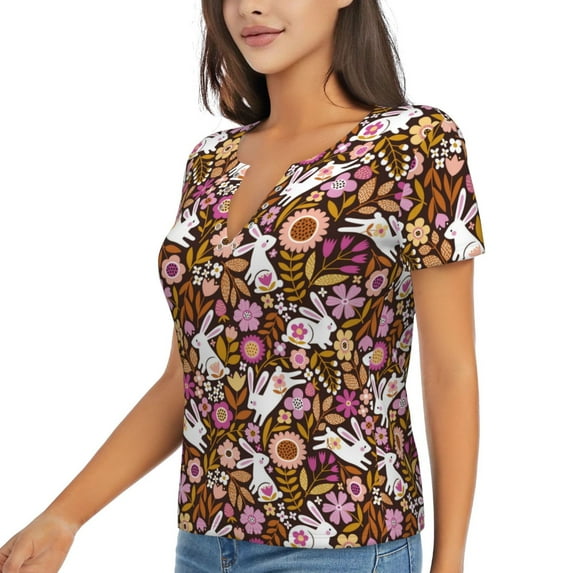 Goofa Flower Bunny Pattern Womens Deep V Neck Low Cut Tops Casual Summer Short Sleeve Ribbed Knit T-Shirts-Small