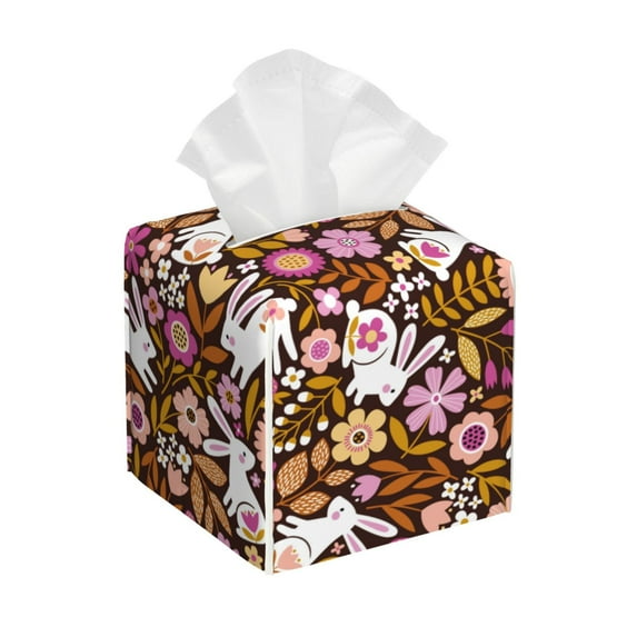 Goofa Flower Bunny Tissue Box Cover PVC Leather Tissue Holder Square Facial Tissue Case Facial Paper Organizer Dispenser for Bathroom, Vanity Countertop