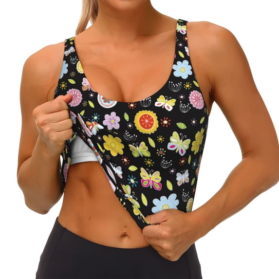 Goofa Flower Butterfly Printed Sports Bras for Women, High Impact Running Bra Workout Crop Tank Tops Longline Sports Bra Push up-XX-Large