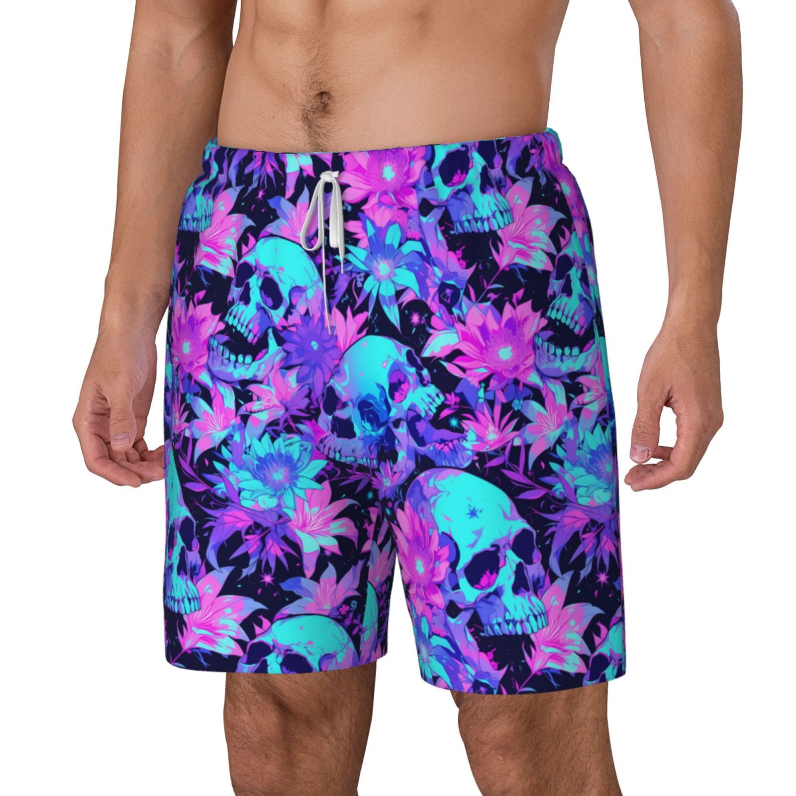 Goofa Flower Happy Skull Printed Men's Swim Trunks Board Shorts Quick ...