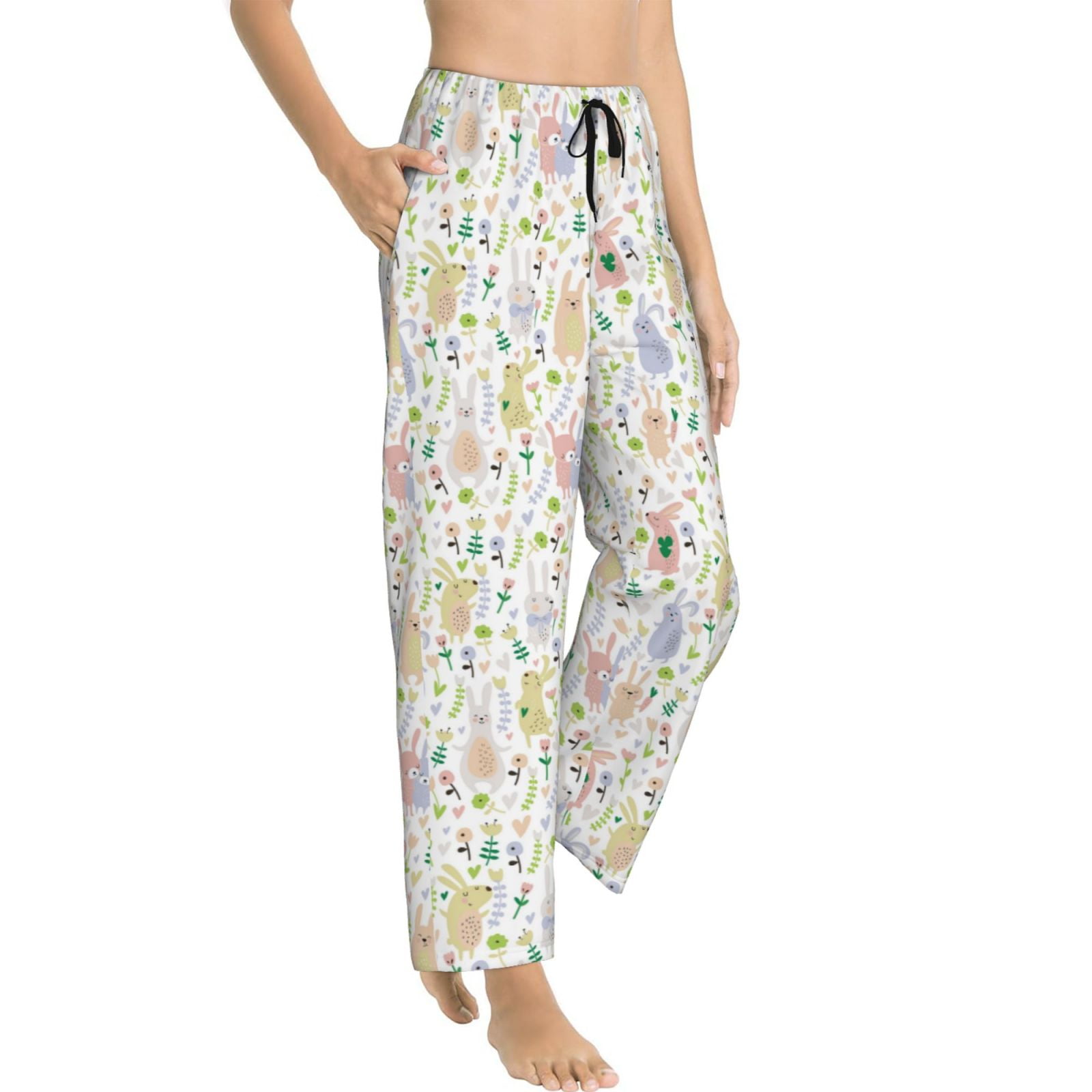Goofa Flower Rabbit Printed Soft Pajama Pants for Women, Wide Leg Comfy ...