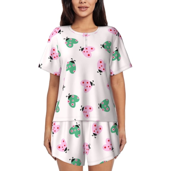 Goofa Flower on ladybirds for Womens Cotton 2 Piece Pajamas Set Classic Short Sleeve Pjs Set Soft Button Down Sleepwear Loungewear-3X-Large
