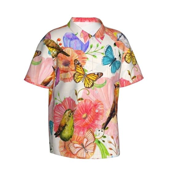 Goofa Flowers And Birds Watercolor Hawaiian Shirt for Men, Unisex Summer Beach Casual Short Sleeve Button Down Shirts,Aloha Tropical Floral print shirt-Small