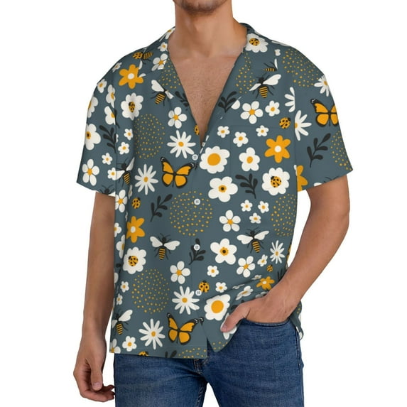 Goofa Flowers and Bee Printed Men's Casual Short-sleeved Shirt,Lightweight Breathable Button-down,Summer Casual men's top,Versatile Fashion shirt-Large