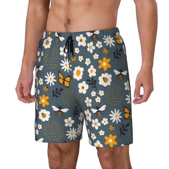 Goofa Flowers and Bee Printed Men's Swim Trunks Board Shorts Quick Dry Mens Swimming Trunks with Compression Liner,Breathable Fit Hawaii Beach Shorts-3X-Large