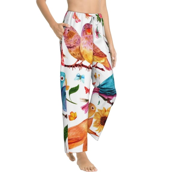 Goofa Flowers Birds And Butterflies Printed Soft Pajama Pants for Women, Wide Leg Comfy Casual Lounge Yoga Pants-X-Large
