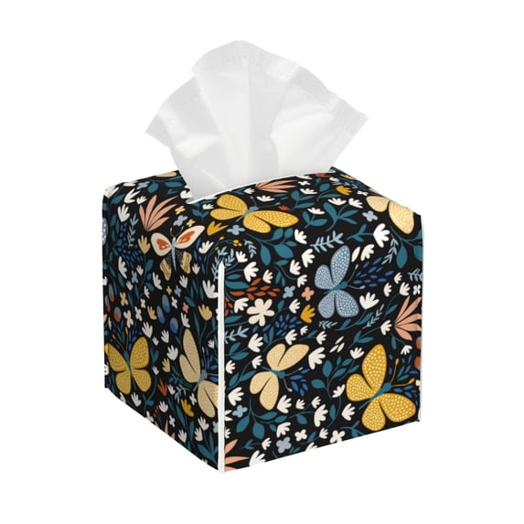 Goofa Flowers Butterfly Tissue Box Cover PVC Leather Tissue Holder Square Facial Tissue Case Facial Paper Organizer Dispenser for Bathroom, Vanity Countertop