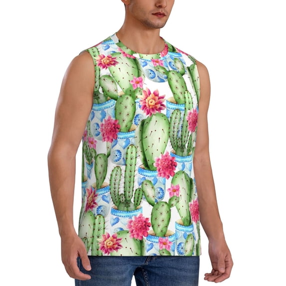 Goofa Flowers and Cactus Printed Men's Sleeveless T-Shirt - Athletic Gym Workout Tank Top for Men - Moisture-Wicking, UPF 30+ Quick-Dry Muscle Tee-X-Large
