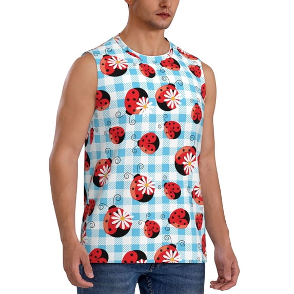 Goofa Flowers and Lady Bugs Printed Men's Sleeveless T-Shirt - Athletic Gym Workout Tank Top for Men - Moisture-Wicking, UPF 30+ Quick-Dry Muscle Tee-Large