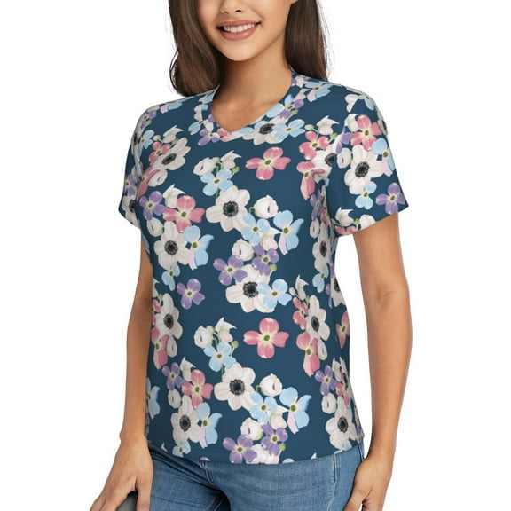 Goofa Flowers Pattern Women's Slim-Fit Short-Sleeve V-Neck T-Shirt,Classic-Fit Short-Sleeve V-Neck T-Shirt-Small