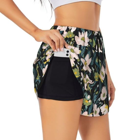 Goofa Flowers Printed Women 2 in 1 Running Shorts,Quick Dry Athletic Workout Shorts,High Waisted Athletic Shorts with Liner Pockets-