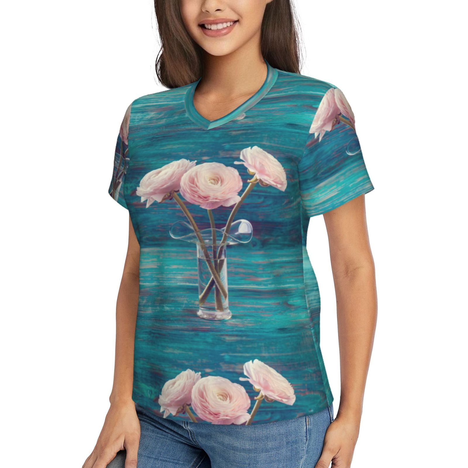 Goofa Flowers in Glass Vase Pattern Women's SlimFit ShortSleeve V