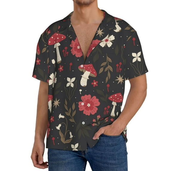 Goofa Fly Agaric and Flowers Printed Men's Casual Short-sleeved Shirt,Lightweight Breathable Button-down,Summer Casual men's top,Versatile Fashion shirt-Small