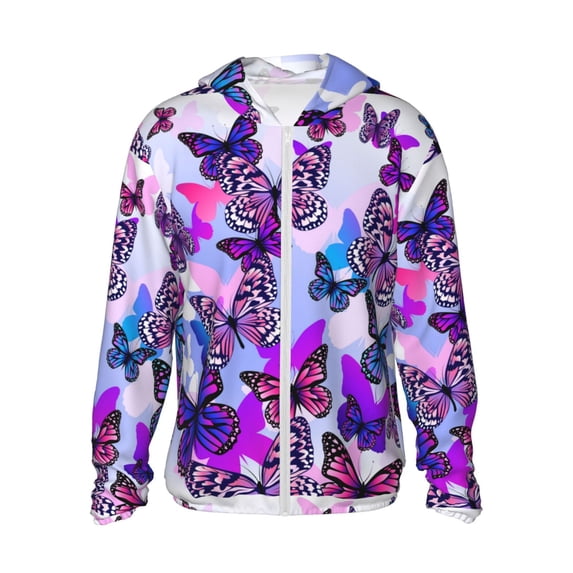 Goofa Flying Butterflies Printed Women's UPF 50+ Sun Protection Hoodie Jacket Lightweight Long Sleeve Sun Shirt for Women with Pocket Hiking Outdoor-Large