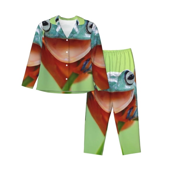 Goofa Flying Frog On Branch Printed Women’s 2 Piece Pajama Set Super,Pajamas Women's Long Sleeve Sleepwear Soft Button Down Loungewear Pjs Lounge Set Nightwear-Medium