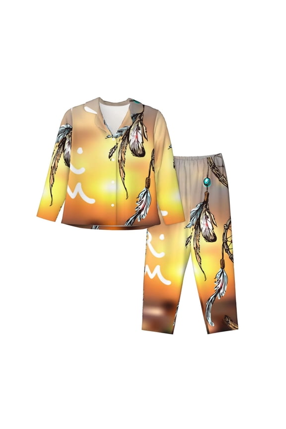 Follow Your Dream Dreamcatcher Printed Women’s 2 Piece Pajama Set Super,Pajamas Women's Long Sleeve Sleepwear Soft Button Down Loungewear Pjs Lounge Set Nightwear-Medium