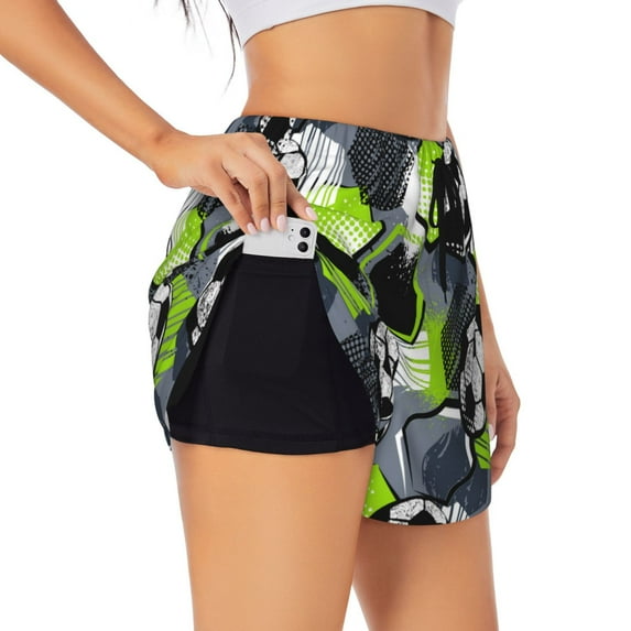 Goofa Football Printed Women 2 in 1 Running Shorts,Quick Dry Athletic Workout Shorts,High Waisted Athletic Shorts with Liner Pockets-Small