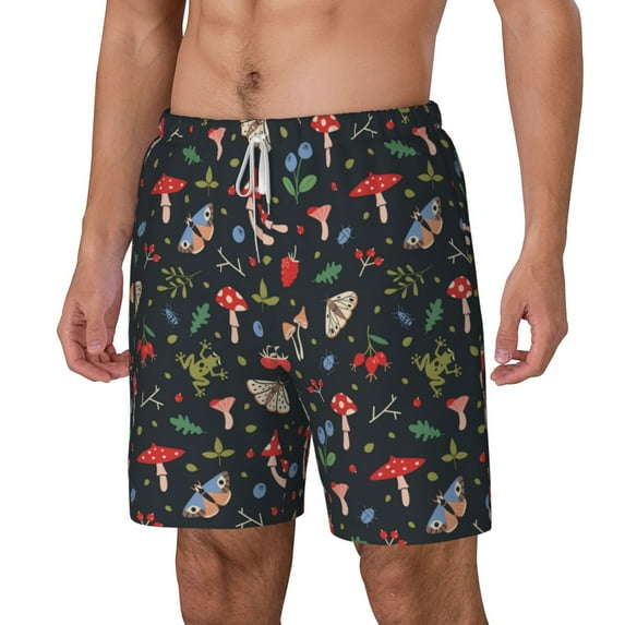 Goofa Forest Flora and Insects Printed Men's Swim Trunks Board Shorts Quick Dry Mens Swimming Trunks with Compression Liner,Breathable Fit Hawaii Beach Shorts-Small