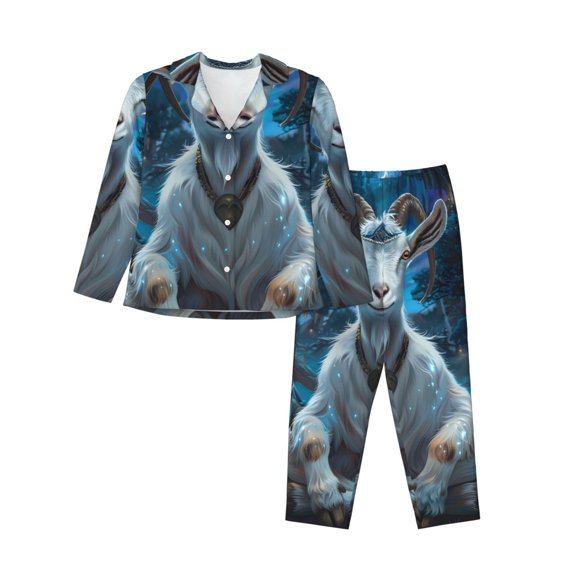 Goofa Forest Meditating Goat Printed Women’s 2 Piece Pajama Set Super,Pajamas Women's Long Sleeve Sleepwear Soft Button Down Loungewear Pjs Lounge Set Nightwear-Medium