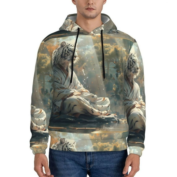 Goofa Forest Meditating White Tiger for Men's Hooded Sweatshirt - Lightweight Pullover Hoodie with Kangaroo Pocket, Perfect for Everyday Wear-Small