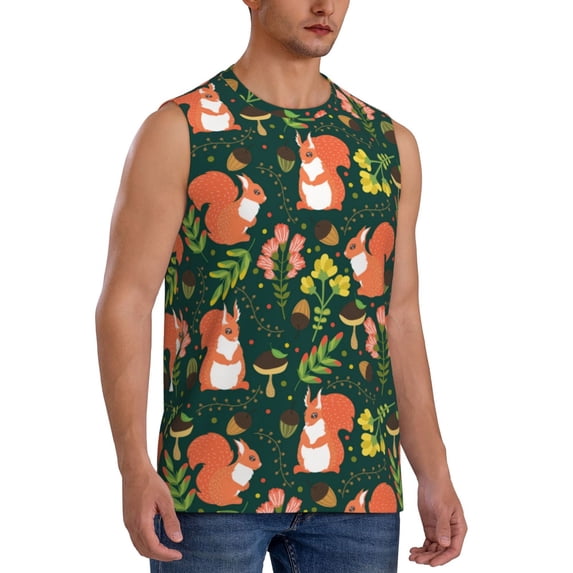 Goofa Forest Squirrel Printed Men's Sleeveless T-Shirt - Athletic Gym Workout Tank Top for Men - Moisture-Wicking, UPF 30+ Quick-Dry Muscle Tee-Medium