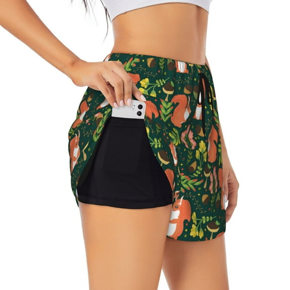 Goofa Forest Squirrel Printed Women 2 in 1 Running Shorts,Quick Dry Athletic Workout Shorts,High Waisted Athletic Shorts with Liner Pockets-Large