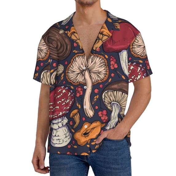 Goofa Forest Wild Mushroom Printed Men's Casual Short-sleeved Shirt,Lightweight Breathable Button-down,Summer Casual men's top,Versatile Fashion shirt-Small